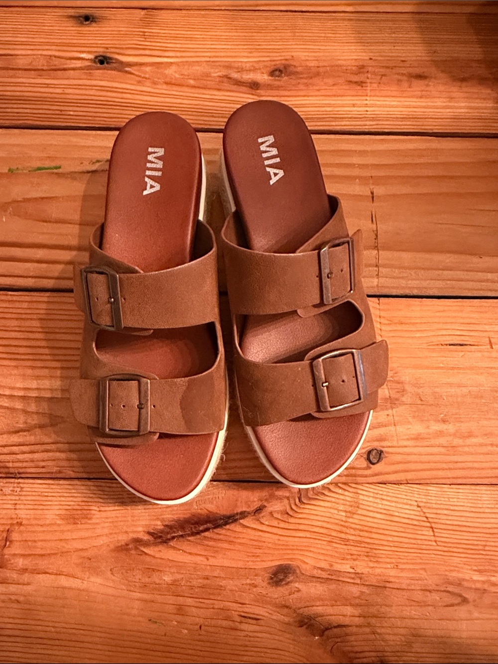 MIA Brown Double Buckle Slide Sandals